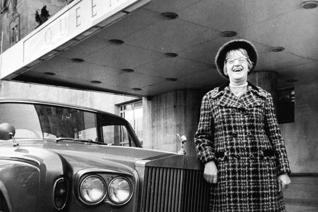 This is writer Margaret Powell pictured outside the Queens Hotel in November 1971. She was in Leedsto help launch her latest book 'Margaret Powell's London Scene'.