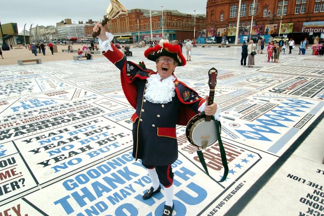 Blackpool town crier Barry McQueen on the Comedy Carpet