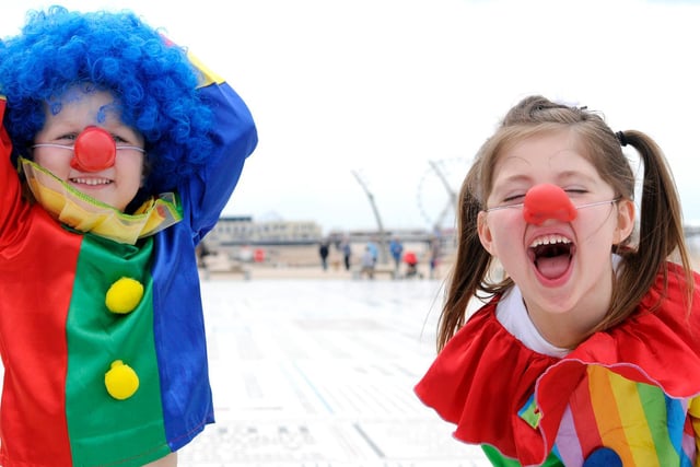Billy Cason and Amelia Rose, both aged 5 from Waterloo Primary School, are taught how to be clowns on the Comedy Carpet
