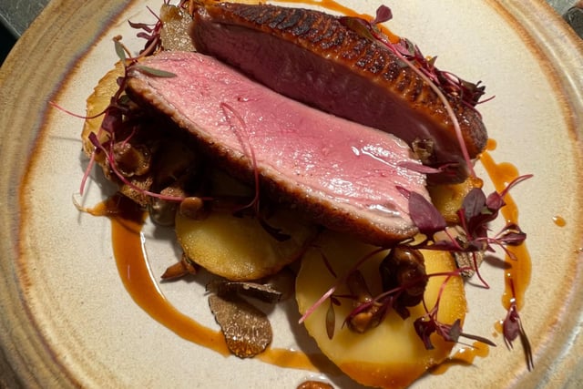 The latest duck breast they have on the menu, Goosnargh duck breast, with baked parsnip, confit girolles & enoki, mushroom purée, late summer truffle & jus