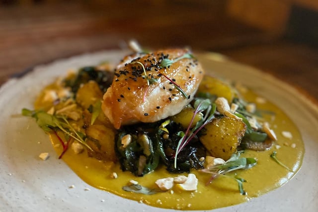 Free range Goosnargh chicken breast , with Nigella seed and apricot, chard saag aloo, cashew & coconut sauce