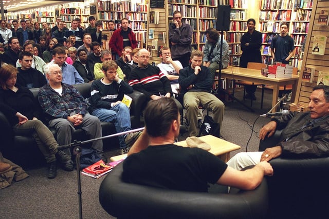 Author of The Exorcist William P. Blatty (right) being interviewed by Radio One's Mark Kermode at Borders bookshop.