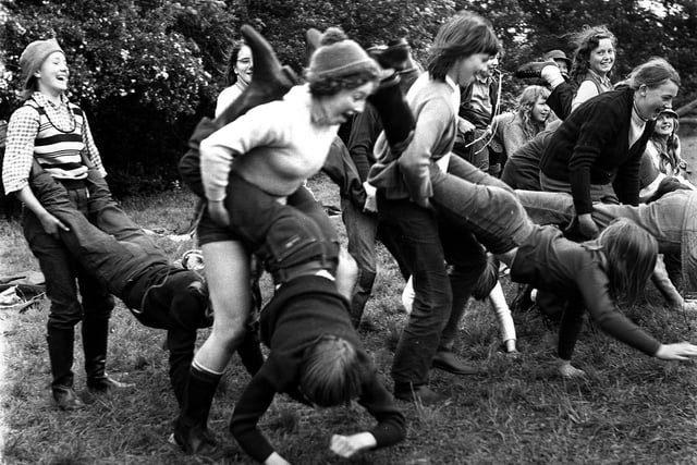 Queen's Hall Girl Giude pack practice for the wheelbarrow races in 1972