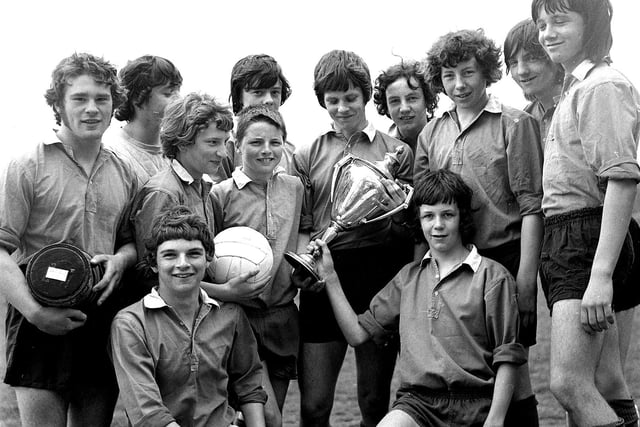Ashton Grammar School football squad with their trophy in 1972