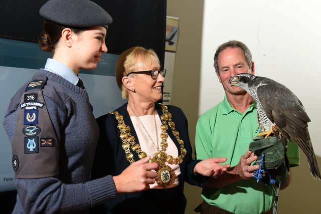 The Mayor of Wigan Coun Yvonne Klieve and her cadet Megan Lawrence, left, with Alan Fern and Blaze a goshawk