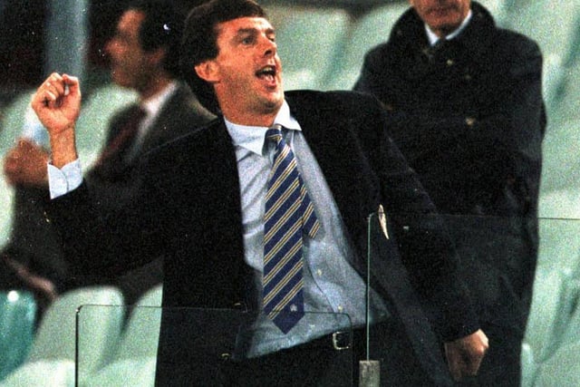 Manager David O'Leary cheers the Leeds United fans.