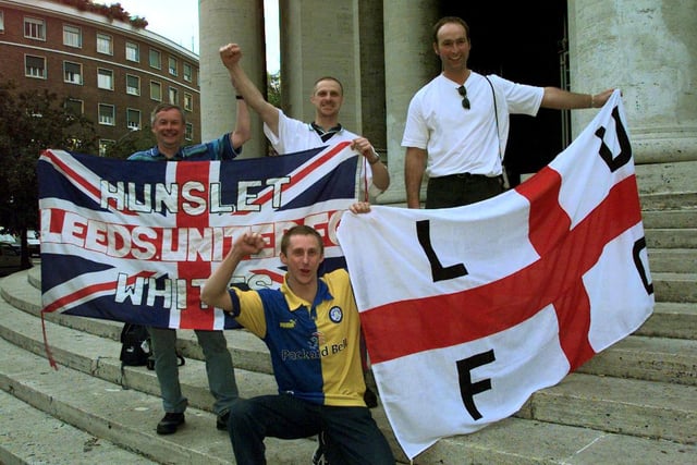 Flying the flag in Rome are Martin Bland, Alan Garside, Dave Garside and Nick O'Brien, members of the Griffin Branch of the Leeds United Supporters Club.