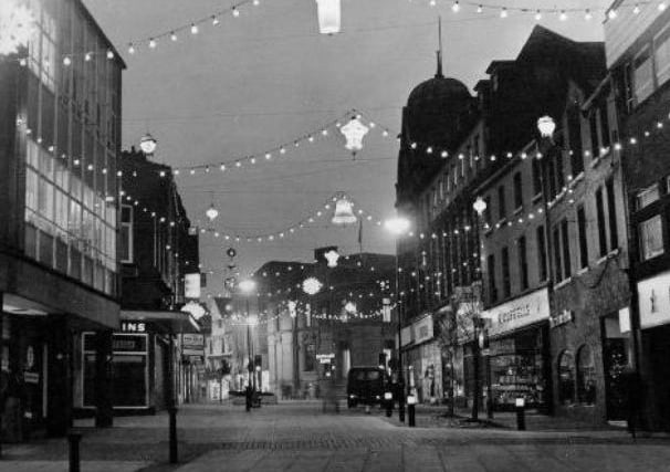 Christmas lights on Cross Square in Wakefield 1978.