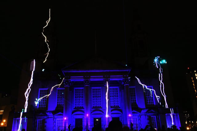 Lightening Catchers by Seb Lee-Delisle on Leeds Civic Hall.