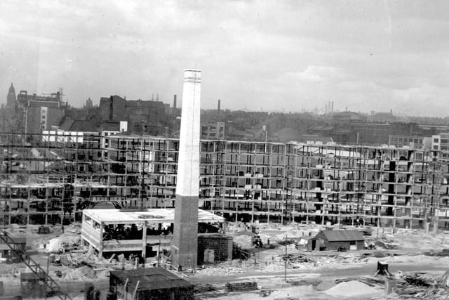 Steel framework for Oastler House, in the foreground the Garchey refuse incineration plant is being built, the chimney can be seen. This photo was taken in September 1938.