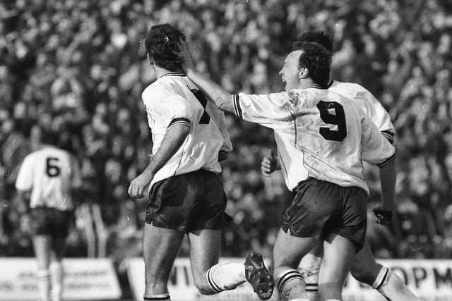 Brian Mooney is congratulated after scoring for PNE at Blackpool in March 1990
