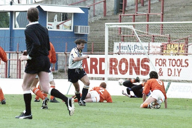 Tony Ellis completes his hat-trick against Blackpool in October 1992