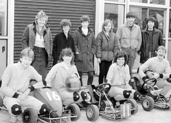 Here, members of the Allerton Bywater Go Kart team pose with their racers in February 1985.
