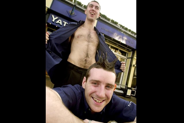 Yates's barmen Alan Baldwin and Norm Whiteside prepare to be shaved at the pub in Preston in aid of the Magic Wand Appeal in 2002