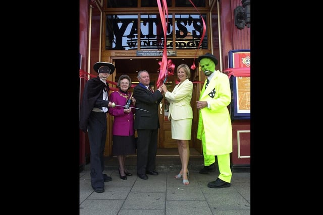 The Mayor and Mayoress of Preston, coun. Joe and Enid Hood and Davina Dickson from Yates's Wine Lodge celebrate the pub chain's 144th birthday party in Preston in 2000