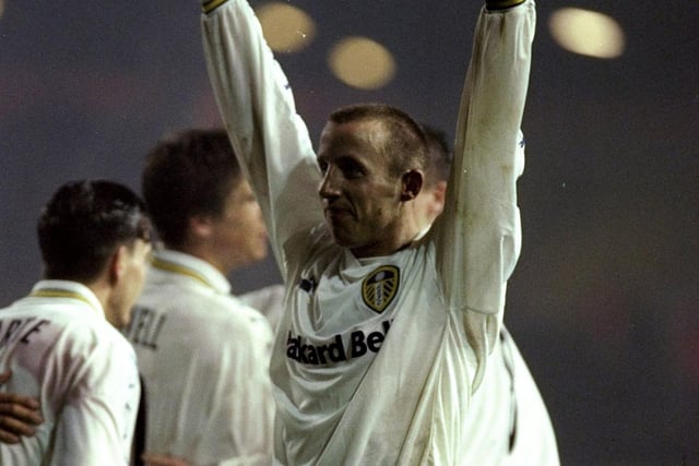 Lee Bowyer celebrates his goal with the Elland Road faithful.