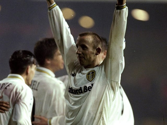 Lee Bowyer celebrates his goal with the Elland Road faithful.