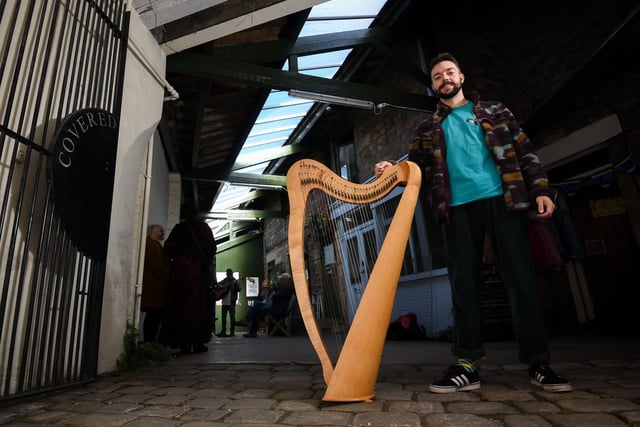 Lancaster Music Festival. Eoin Feely with his harp at The Covered Yard. Picture by Daniel Martino.