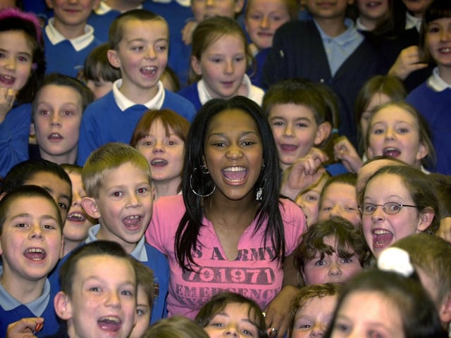 Pop singer Alexia was at Hugh Gaitskell Primary School in Beeston to perform her new single.