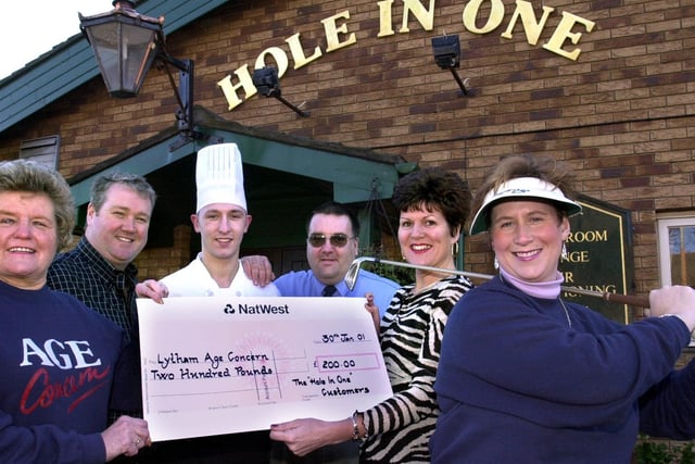 Back in 2001, staff and regulars at the Hole-In-One raised £200 through a raffle for Age Concern Fylde Branch. From left, Wyn Byrne (manager-Age Concern, Lytham), Jonathan Clark (pub manager), Gary Dickerson (head chef), Adrian Montgomery (trainee assistant manager), Christine Clark (pub manageress) and Rosie Jolly (chief officer- Age Concern Fylde branch).