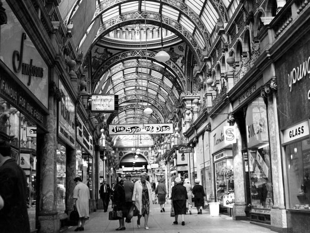 Shops visible in the County Arcade circa 1967 include Thornton's chocolates and Simpson's fabrics.