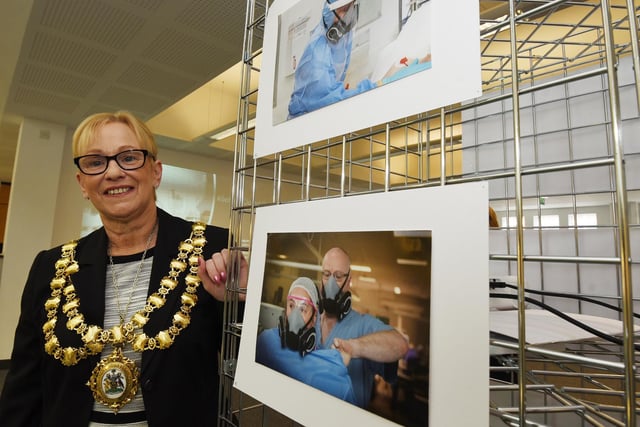 The Mayor of Wigan Coun Yvonne Klieve attends the launch of Behind Closed Doors, photography exhibition by Petro Bekker, documenting the height of Covid in Wigan hospitals, on display at Wigan Life Centre until 5th November 2021.