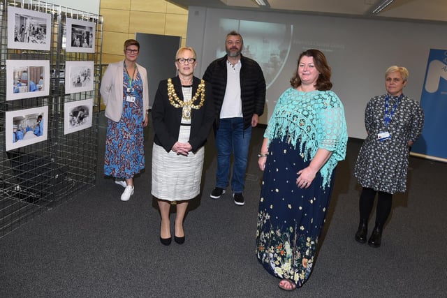 from left, Sonia Halliwell director of customer transformation at Wigan Council, Mayor of Wigan Coun Yvonne Klieve, co-founder of Mancspirit Paul Ludden, photographer Petro Bekker and ICU matron Sheena Wright at the launch of the exhibition.