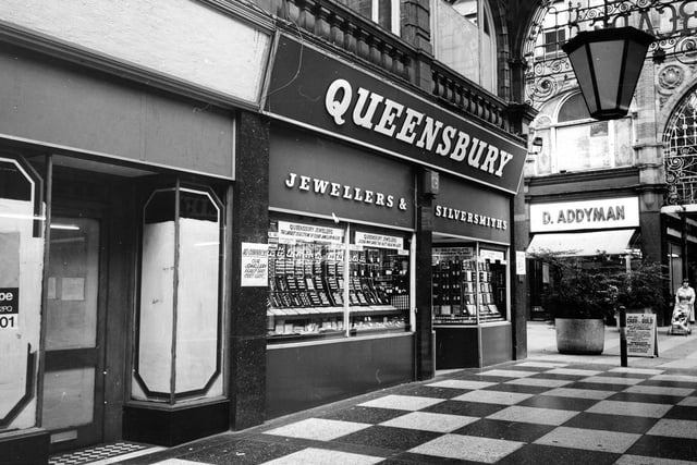 Cross Arcade, with chequered floor design, looking towards Queen Victoria Street in  June 1984.