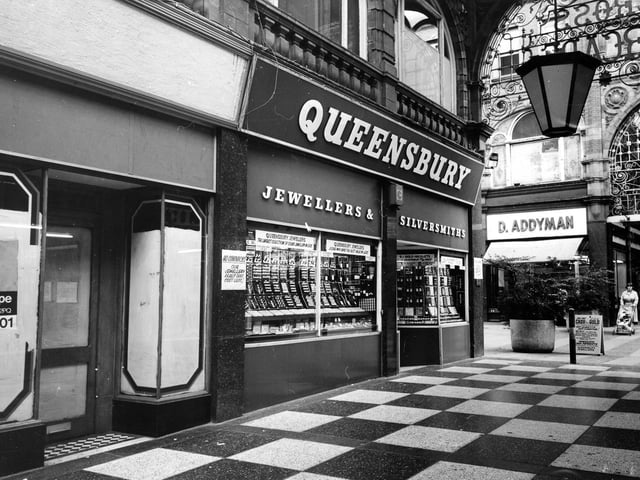 Cross Arcade, with chequered floor design, looking towards Queen Victoria Street in June 1984.