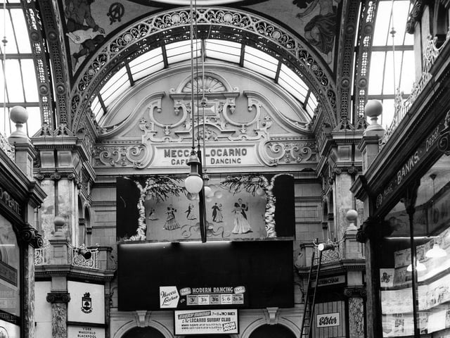 Looking from Cross Arcade into County Arcade to the front of the Mecca Locarno Ballroom. This dancehall had opened in November 1938 and closed in 1969. A new venue had been opened in 1964 in the Merrion Centre.