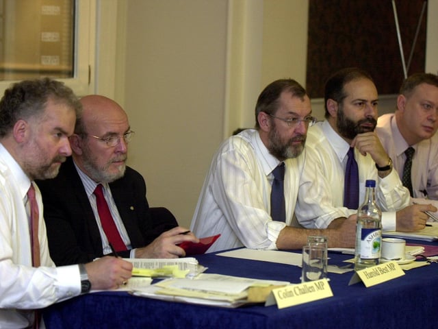 The drugs inquiry at the Queens Hotel in October 2001. Pictured, from left, are the MPs heading the inquiry, Colin Challen, Harold Best, John Battle, Fabian Hamilton and Paul Truswell. PIC: Dan Oxtoby