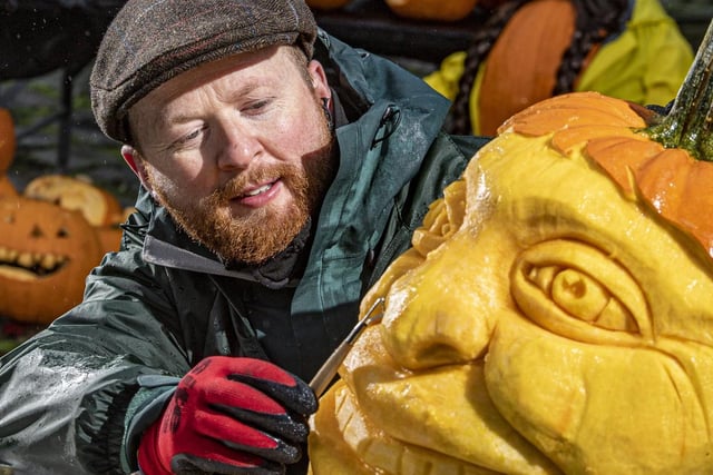 Jude Walker who, walked to Westminster from Hebden Bridge to lobby Ministers over environmental issues, was carved into a pumpkin by Jamie Wardley from Sand In Your Eye for the festival