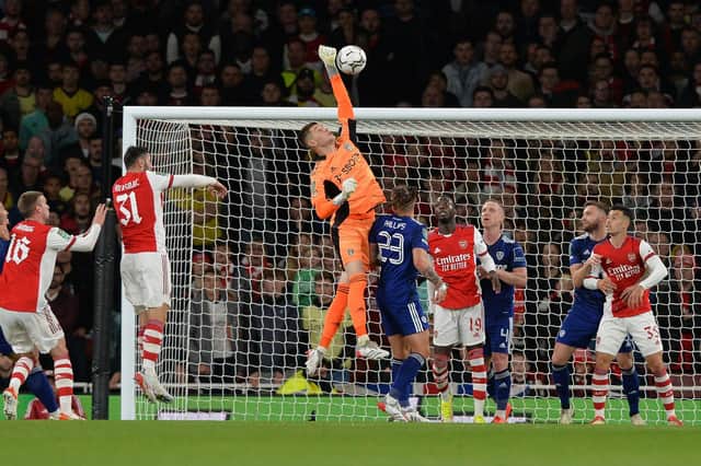 CLEARING HIS LINES: Whites 'keeper Illan Meslier deals with a corner during a half in which Leeds United held firm against Arsenal at the Emirates, unlike the second period. Picture by Bruce Rollinson.