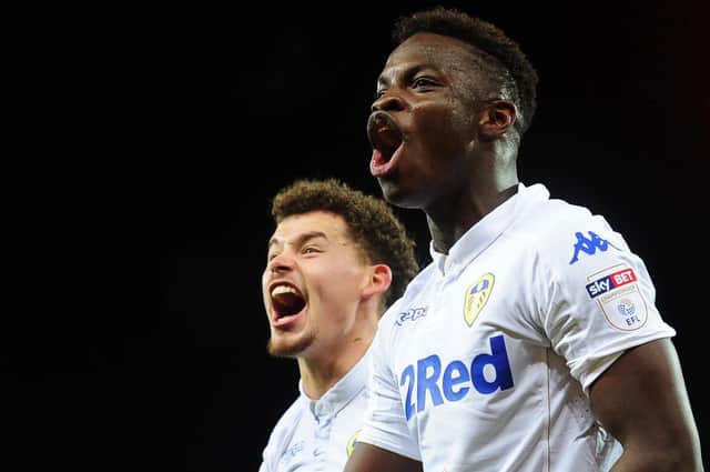 Leeds United academy products Ronaldo Vieira and Kalvin Phillips celebrate in front of the visiting supporters. Pic: Varley Picture Agency