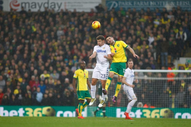 Leeds United midfielder Kalvin Phillips challenges for a ball.