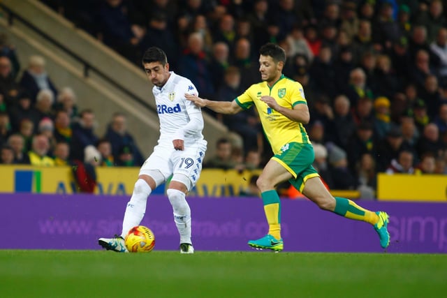 Whites playmaker Pablo Hernandez comes under pressure before disaster strikes two minutes from time as Norwich level the game at 2-2.