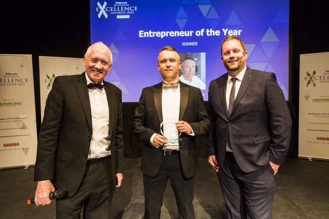 Entrepreneur of the Year Award. From the left, Host Harry Gration, winner David Draper from Gas Fast and Adrian Hyde-Douglas from Haribo.