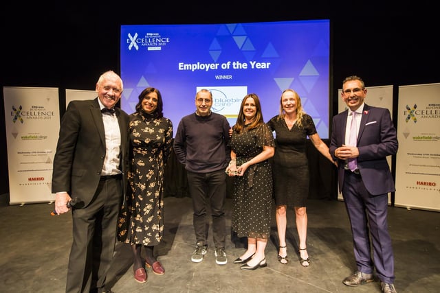 Employer of the Year Award. From the left, Host Harry Gration with Norinder Gill, Jas Gill, Jess Gaskell and Rose Smith from winner Bluebird Care Wakefield and Kirklees, and Darren Byford from Wakefield First.