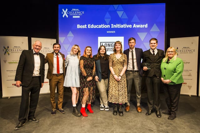 Best Education Initiative Award. From the left, Host Harry Gration with Paul Bateson, Eva Davies, Megan Holden, Ruby Loxton, Daisy Fanthorpe, Sam Airey and Dean Freeman from winner Long Division, and Joanne Taylor from Wakefield College