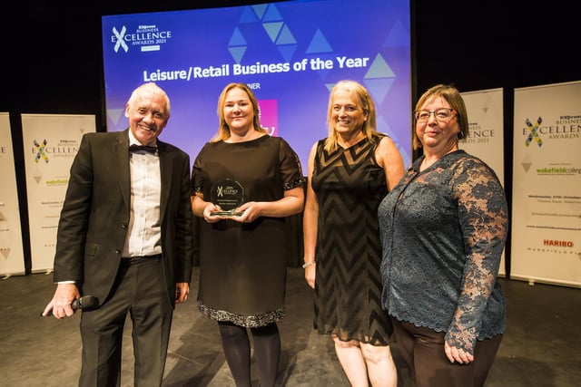 Leisure / Retail Business of the Year Award. From the left, Host Harry Gration, Lucy Grice and Jane Daisley from winner Trinity Walk shopping centre, and Sarah Shooter from Theater Royal Wakefield.