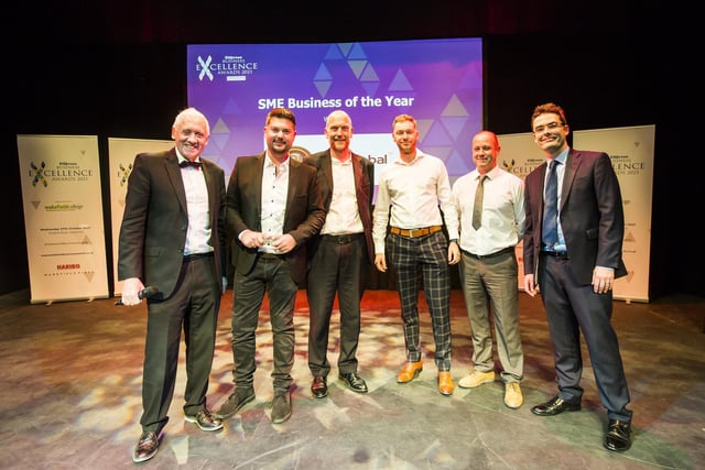 SME Business of the Year Award. From the left, Host Harry Gration with John Cook, Stuart Warner, Jamie Illingworth and Gary Ridgeway from winner Poly Global, and Mark Lynam from Wakefield Council.