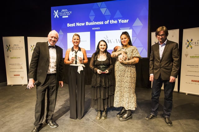 Best New Business of the Year Award. From the left, Host Harry Gration, joint winners Tania Howe from Betty Loves Candles, Lorna Westmorland and Hollie Sharpin (with three-day-old Hudson Everton) from Wild and Wood, and Wakefield express editor Gavin Murray.