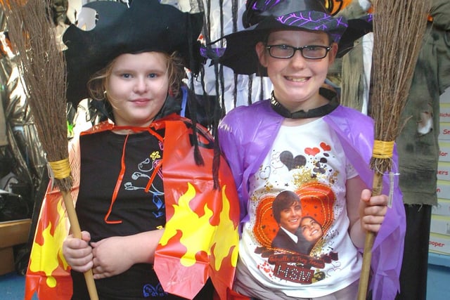 Pupils at Larkholme Primary School in Fleetwood had a chance to preview Halsall’s new range of Halloween outfits. Amber Lawton (left) and Lucy Simey, 2008