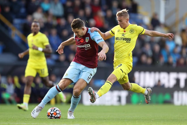 James Tarkowski of Burnley battles for possession with Marcus Forss of Brentford during the Premier League match between Burnley and Brentford at Turf Moor on October 30, 2021 in Burnley, England.