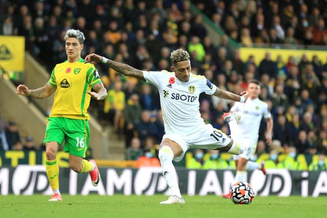 ON THEIR WAY: Brazil international star Raphinha fires Leeds United in front at Carrow Road. Photo by Stephen Pond/Getty Images.