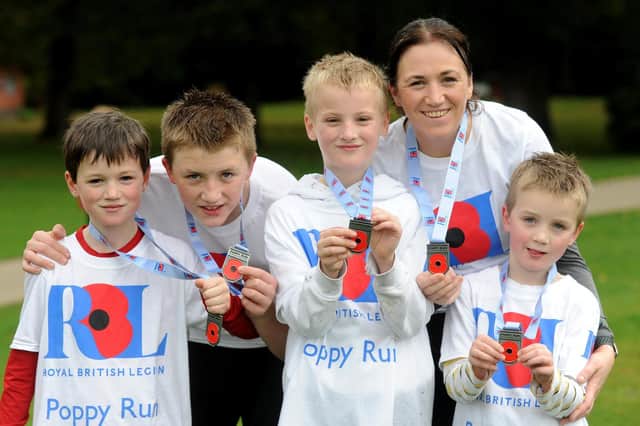 .Gemma Hillary with her four boys, Jack, 12, Charlie, 10, Oliver, eight and Noah, six who all completed the run
