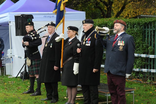 Pictured (from left) are bagpipe player Angus O'Donnell with Members of Pudsey Royal British Lefgon: David Longbottom, chair; Elizabeth Phizackerley-Sugden, standard bearer; Daniel Dance, President and Darren Walker, bugler.