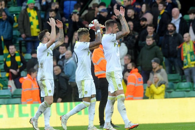 Leeds United's players salute the away crowd after the hard-fought win.