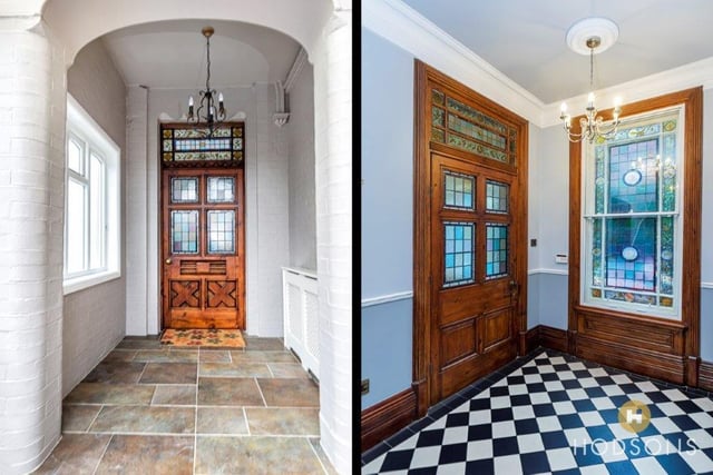 Tiled floors and stained glass detail to doors and windows add colour and charm.