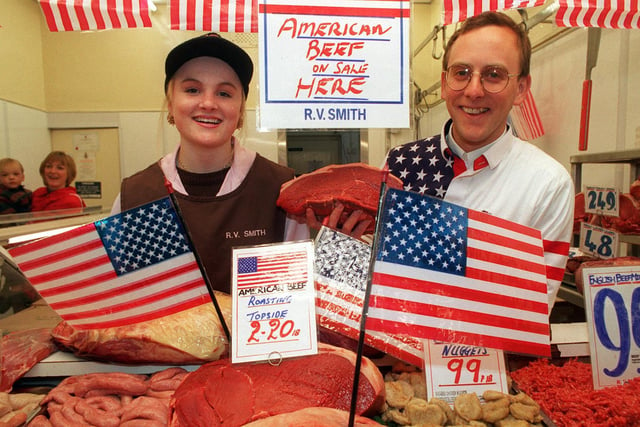 American beef was on sale at R.V. Smith's butchers. Pictured are Michelle Stead and Nick Gifford.